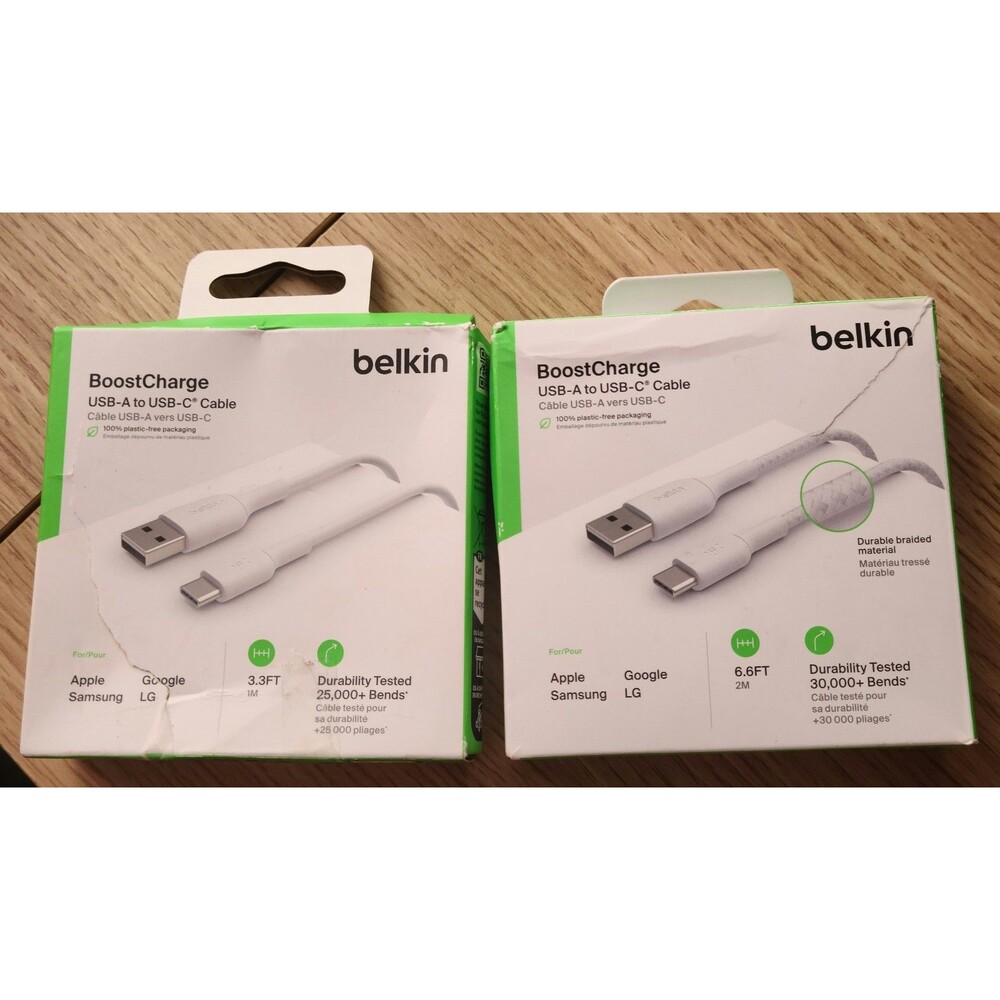 2 Pieces Belkin USB-A to USB-C Cable 6.6 ft (2M) and 3.3FT(1M) White OPEN BOX